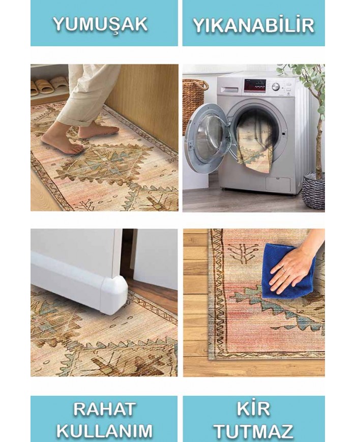 Pallio Pamuk Tabanlı Yıkanabilen Kaydırmaz Antibakteriyel Şönil Mutfak Halısı