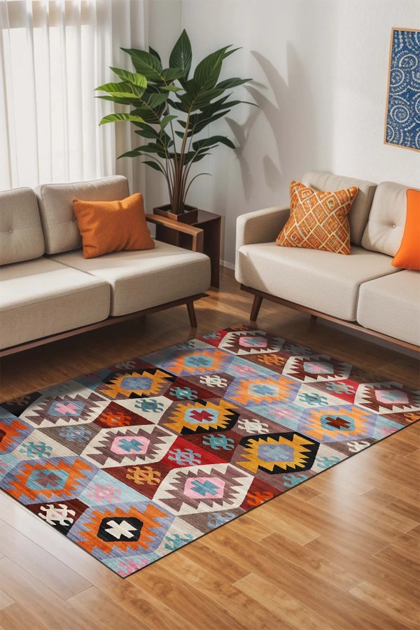 Afes Kadife Yıkanabilir Kaymaz Pamuk Tabanlı Antibakteriyel Salon Halısı