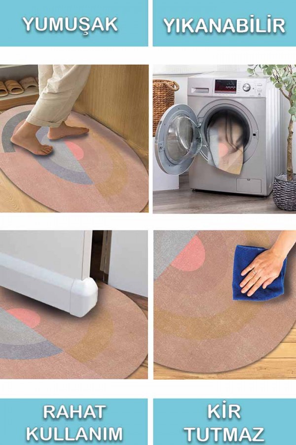 Pinkline Pamuk Tabanlı Yıkanabilen Kaydırmaz Antibakteriyel Şönil Yuvarlak Halı
