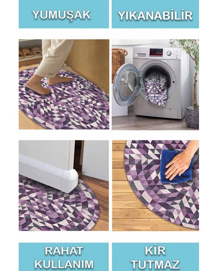 Pule Pamuk Tabanlı Yıkanabilen Kaydırmaz Antibakteriyel Şönil Yuvarlak Halı