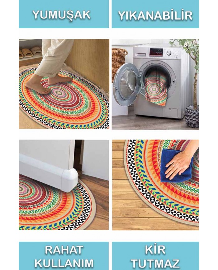 Rustic Pamuk Tabanlı Yıkanabilen Kaydırmaz Antibakteriyel Şönil Yuvarlak Halı