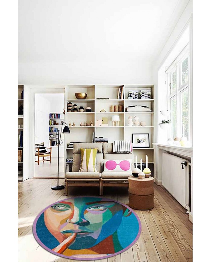 Squi Pamuk Tabanlı Yıkanabilen Kaydırmaz Antibakteriyel Şönil Yuvarlak Halı