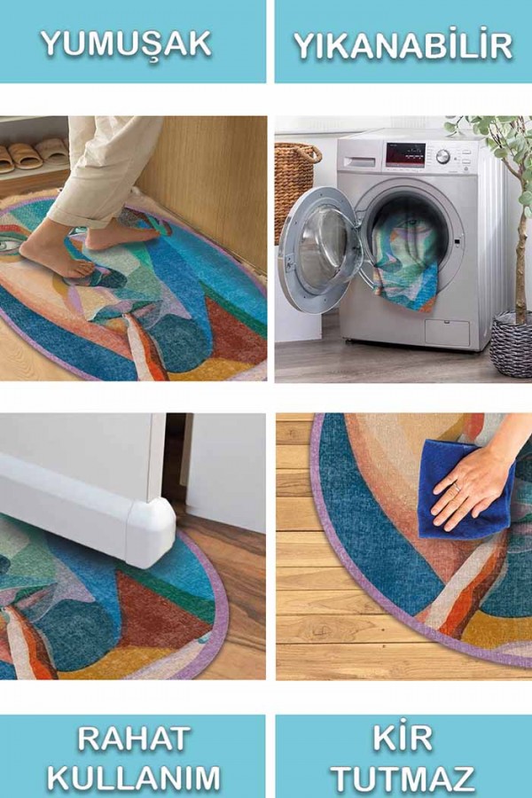 Squi Pamuk Tabanlı Yıkanabilen Kaydırmaz Antibakteriyel Şönil Yuvarlak Halı
