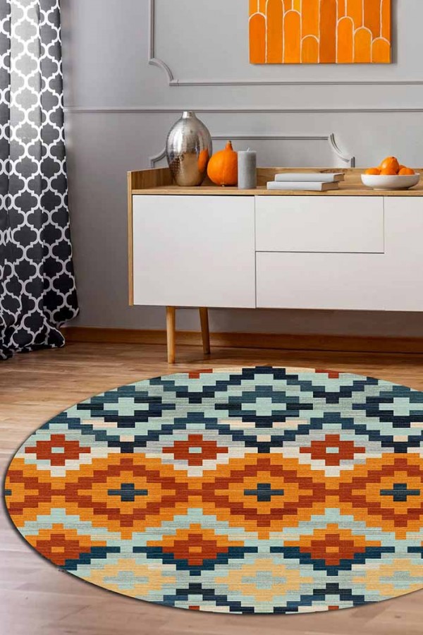 Zirton Pamuk Tabanlı Yıkanabilen Kaydırmaz Antibakteriyel Şönil Yuvarlak Halı