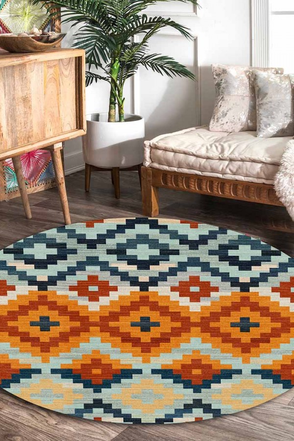 Zirton Pamuk Tabanlı Yıkanabilen Kaydırmaz Antibakteriyel Şönil Yuvarlak Halı