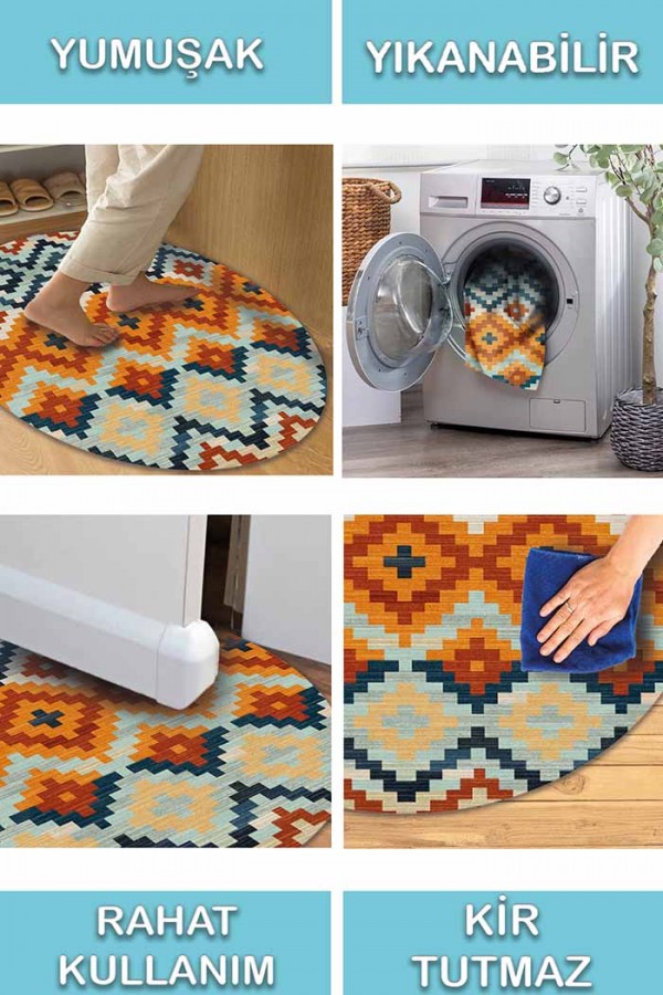 Zirton Pamuk Tabanlı Yıkanabilen Kaydırmaz Antibakteriyel Şönil Yuvarlak Halı