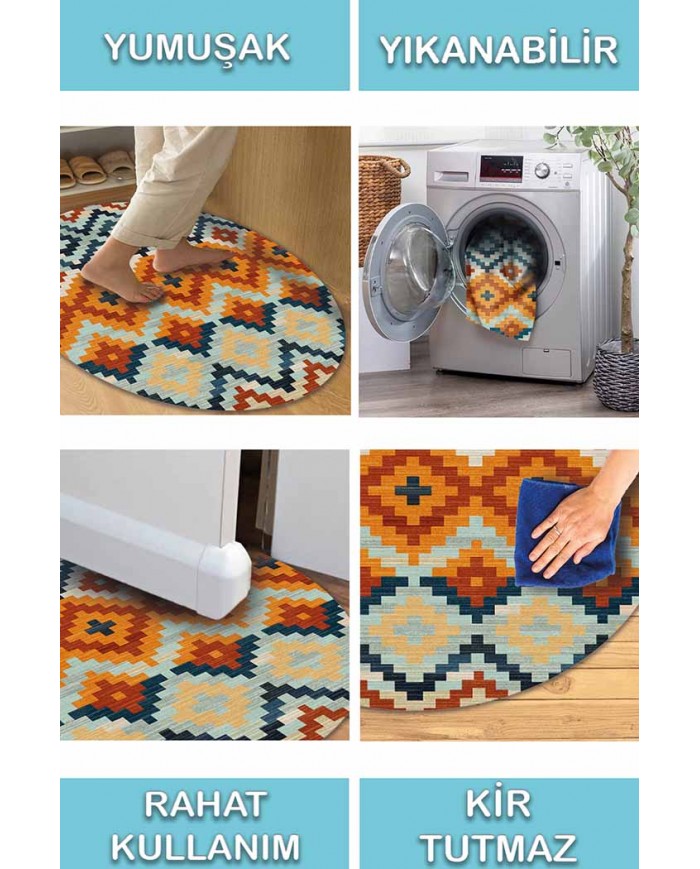 Zirton Pamuk Tabanlı Yıkanabilen Kaydırmaz Antibakteriyel Şönil Yuvarlak Halı