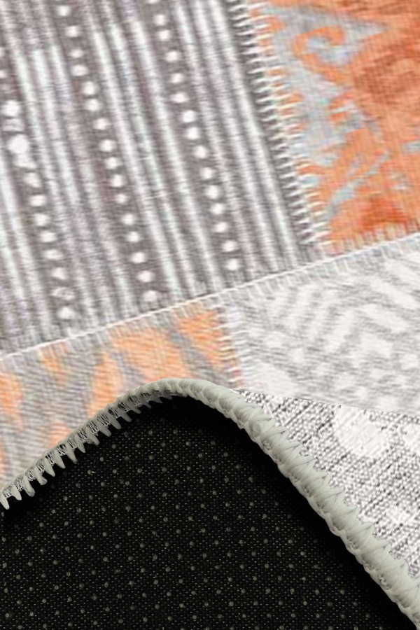 Tulip Patchwork Desenli Pamuk Tabanlı Yıkanabilen Kaydırmaz Antibakteriyel Şönil Salon Halısı
