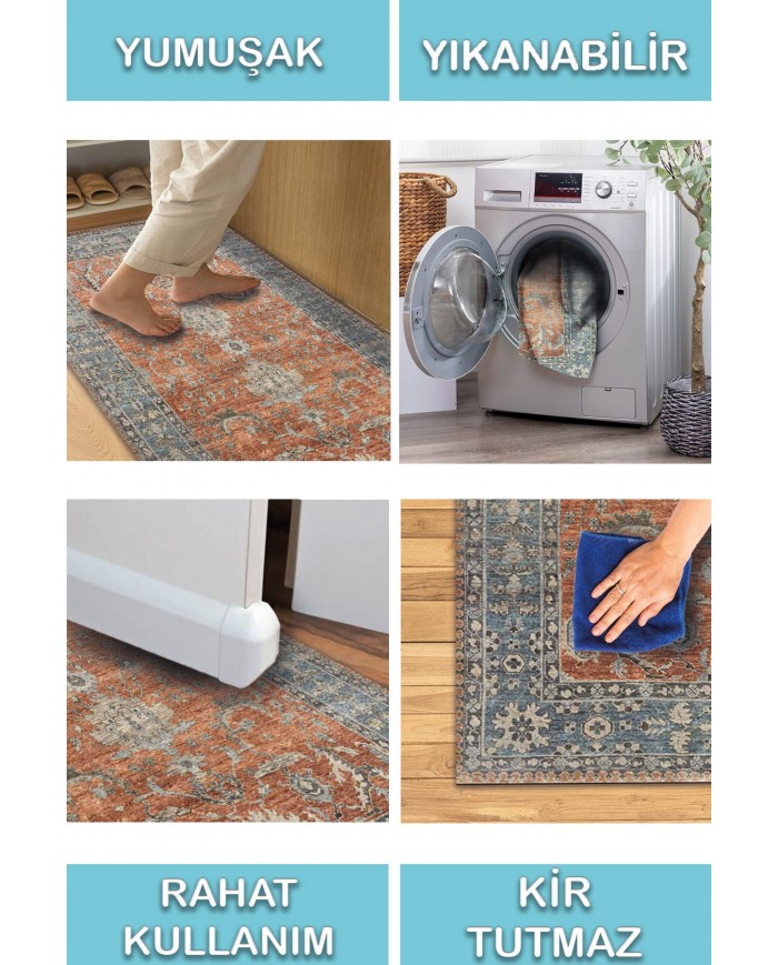 Soleil Desenli Pamuk Tabanlı Yıkanabilen Kaydırmaz Antibakteriyel Şönil Salon Halısı