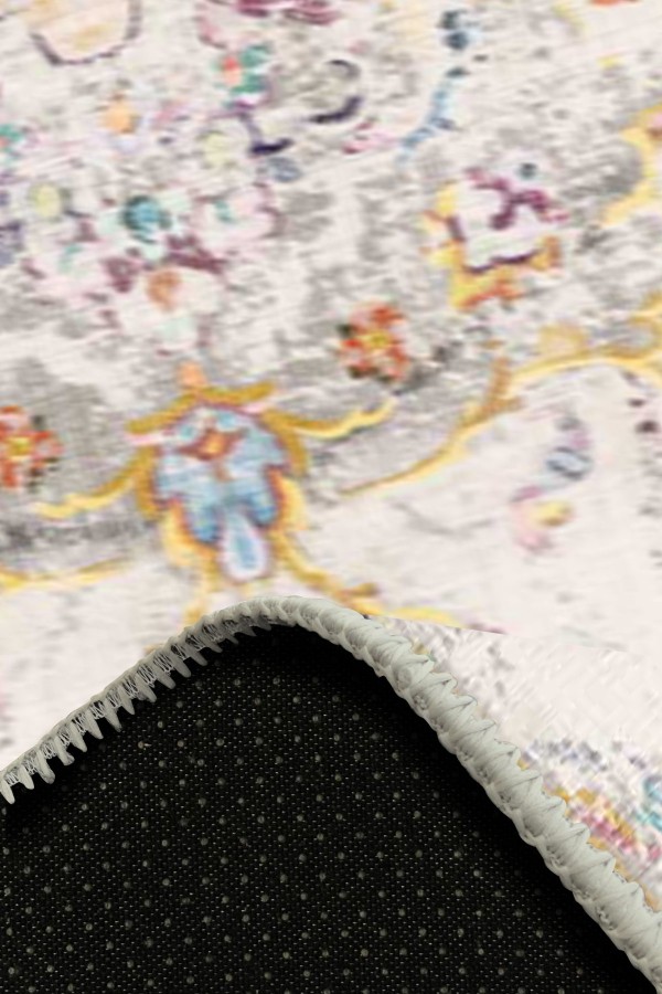 Renne Desenli Pamuk Tabanlı Yıkanabilen Kaydırmaz Antibakteriyel Şönil Salon Halısı