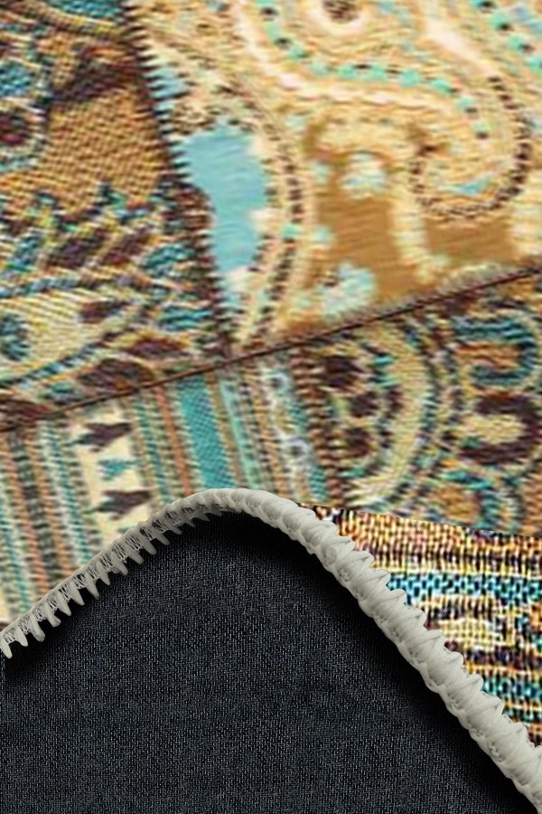 Node Patchwork Desenli Pamuk Tabanlı Yıkanabilen Kaydırmaz Antibakteriyel Şönil Salon Halısı