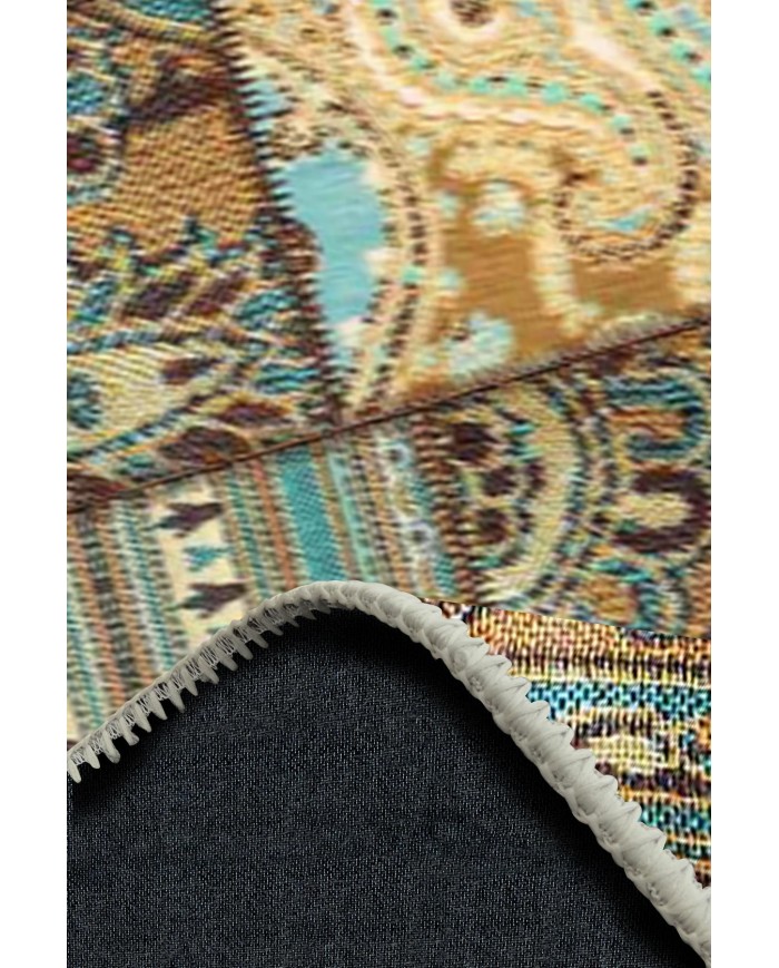 Node Patchwork Desenli Pamuk Tabanlı Yıkanabilen Kaydırmaz Antibakteriyel Şönil Salon Halısı