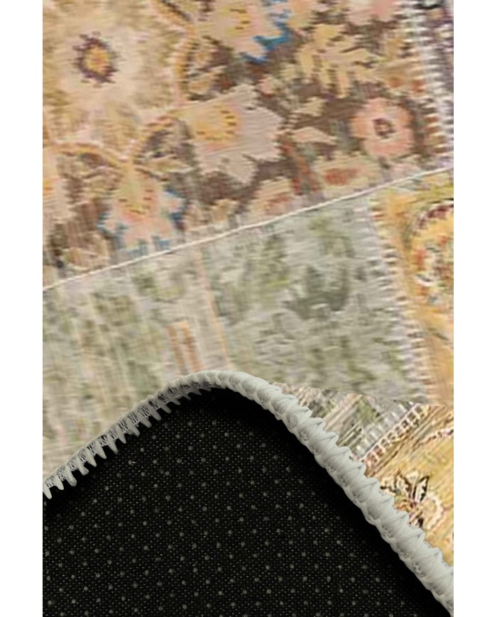 Nadine Patchwork Desenli Pamuk Tabanlı Yıkanabilen Kaydırmaz Antibakteriyel Şönil Salon Halısı