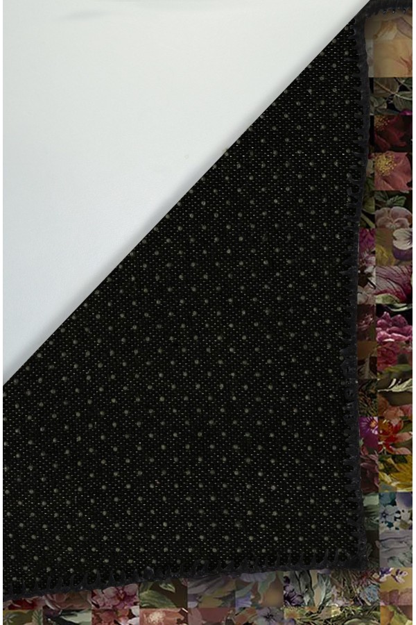 Flowers Çiçek Desenli Pamuk Tabanlı Yıkanabilen Kaydırmaz Antibakteriyel Şönil Salon Halısı