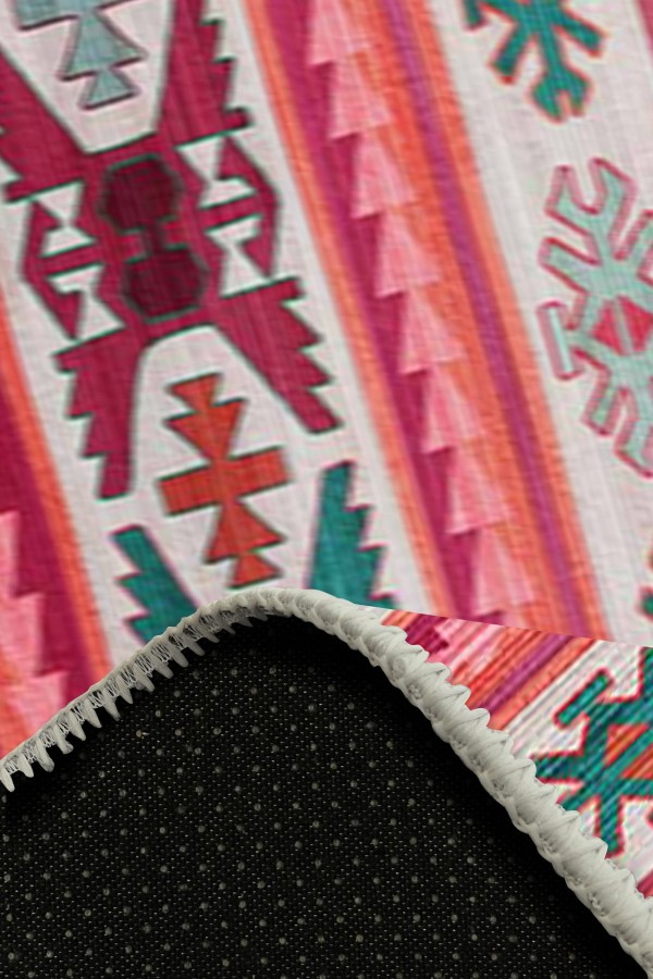 Enzio Kilim Desenli Pamuk Tabanlı Yıkanabilen Kaydırmaz Antibakteriyel Şönil Salon Halısı