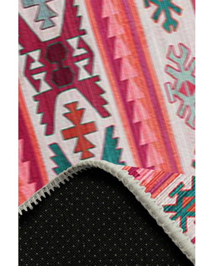 Enzio Kilim Desenli Pamuk Tabanlı Yıkanabilen Kaydırmaz Antibakteriyel Şönil Salon Halısı