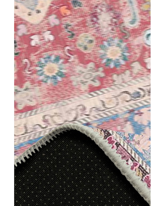 Blue Rosso Eskitme Desenli Pamuk Tabanlı Yıkanabilen Kaydırmaz Antibakteriyel Şönil Salon Halısı