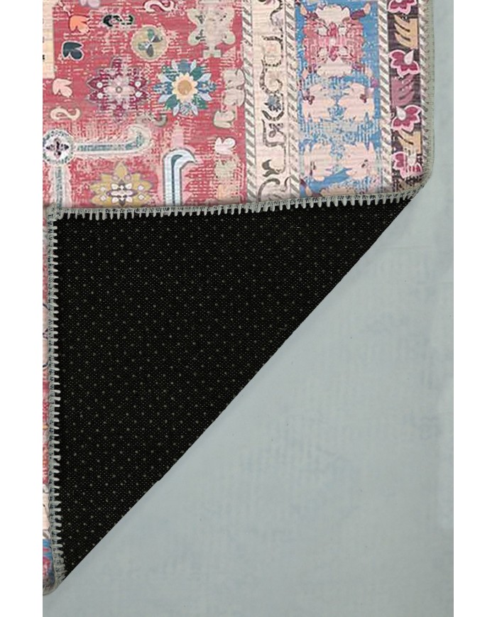 Blue Rosso Eskitme Desenli Pamuk Tabanlı Yıkanabilen Kaydırmaz Antibakteriyel Şönil Salon Halısı