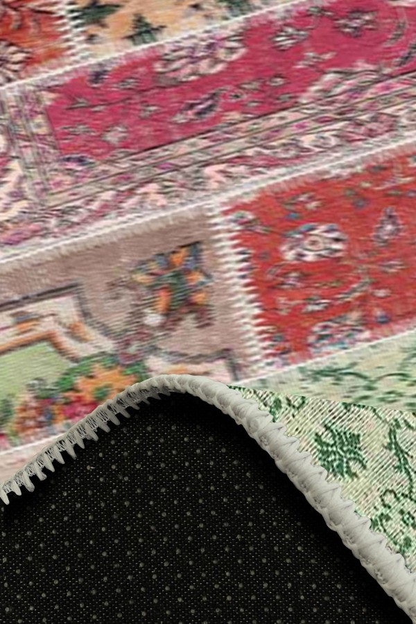 Angela Patchwork Desenli Pamuk Tabanlı Yıkanabilen Kaydırmaz Antibakteriyel Şönil Salon Halısı