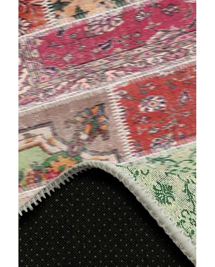 Angela Patchwork Desenli Pamuk Tabanlı Yıkanabilen Kaydırmaz Antibakteriyel Şönil Salon Halısı