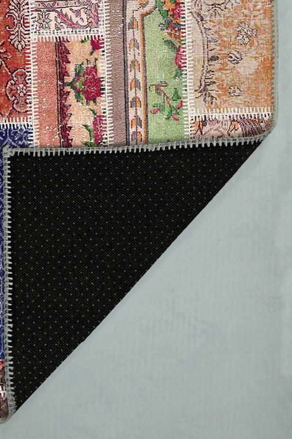 Angela Patchwork Desenli Pamuk Tabanlı Yıkanabilen Kaydırmaz Antibakteriyel Şönil Salon Halısı