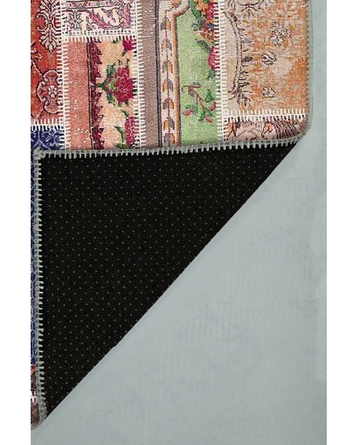 Angela Patchwork Desenli Pamuk Tabanlı Yıkanabilen Kaydırmaz Antibakteriyel Şönil Salon Halısı