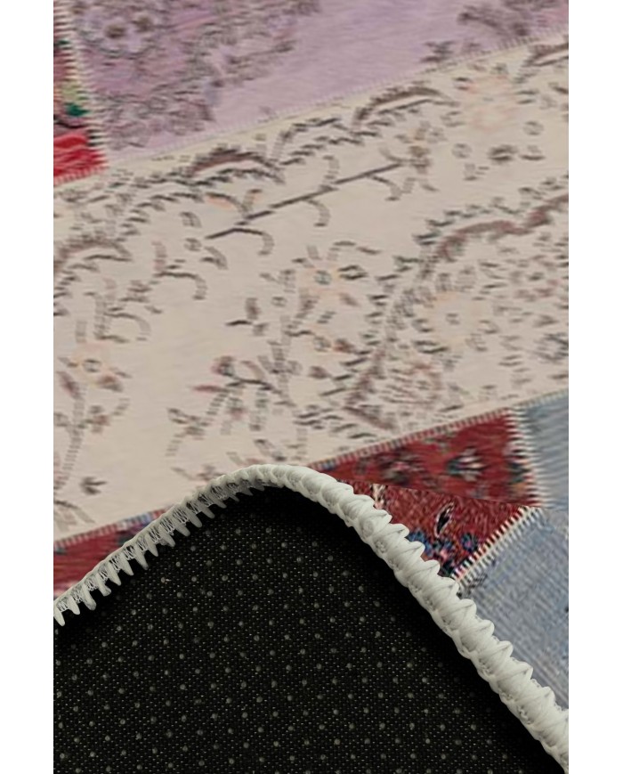 Afra Patchwork Desenli Pamuk Tabanlı Yıkanabilen Kaydırmaz Antibakteriyel Şönil Salon Halısı