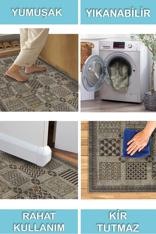 Abigail Desenli Pamuk Tabanlı Yıkanabilen Kaymaz Antibakteriyel Şönil Salon Halısı