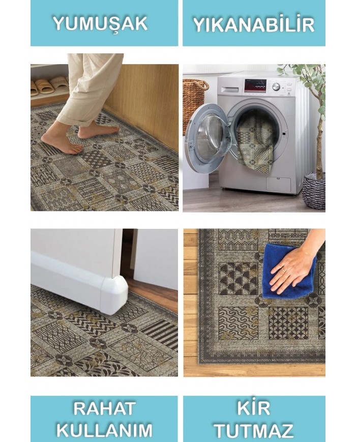 Abigail Desenli Pamuk Tabanlı Yıkanabilen Kaymaz Antibakteriyel Şönil Salon Halısı
