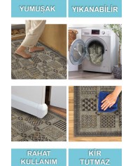 Abigail Desenli Pamuk Tabanlı Yıkanabilen Kaymaz Antibakteriyel Şönil Salon Halısı