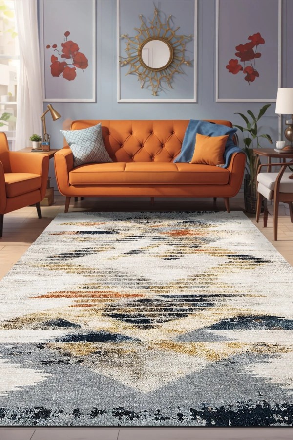 Adelte Desenli Pamuk Tabanlı Yıkanabilen Kaymaz Antibakteriyel Şönil Salon Halısı