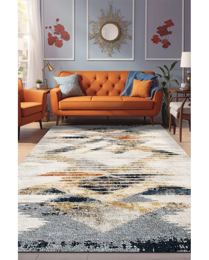 Adelte Desenli Pamuk Tabanlı Yıkanabilen Kaymaz Antibakteriyel Şönil Salon Halısı