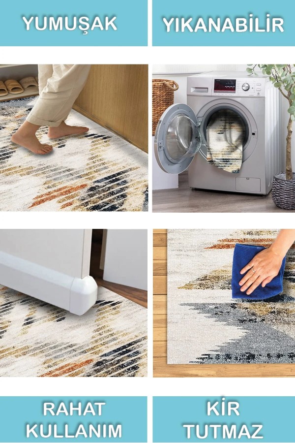 Adelte Desenli Pamuk Tabanlı Yıkanabilen Kaymaz Antibakteriyel Şönil Salon Halısı
