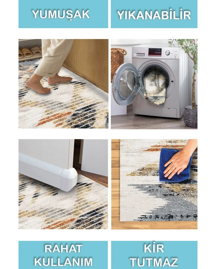 Adelte Desenli Pamuk Tabanlı Yıkanabilen Kaymaz Antibakteriyel Şönil Salon Halısı