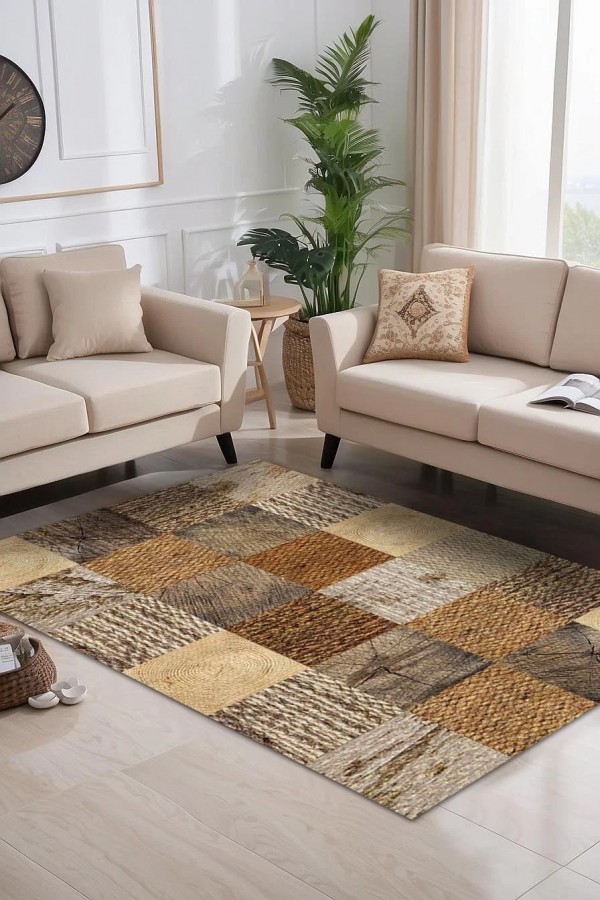 Aditya Desenli Pamuk Tabanlı Yıkanabilen Kaymaz Antibakteriyel Şönil Salon Halısı