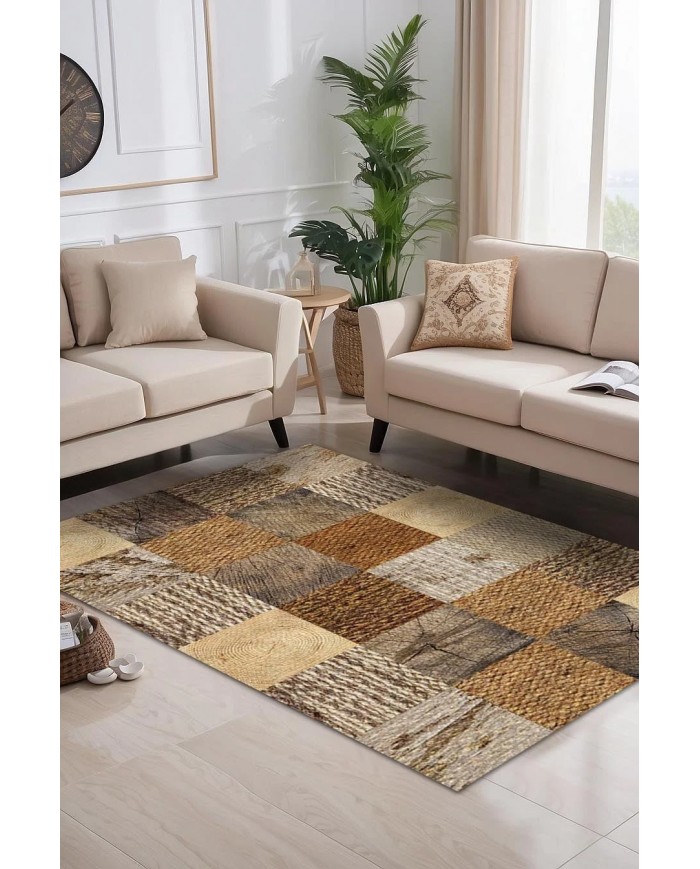 Aditya Desenli Pamuk Tabanlı Yıkanabilen Kaymaz Antibakteriyel Şönil Salon Halısı