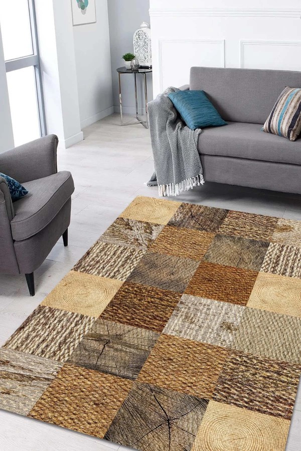 Aditya Desenli Pamuk Tabanlı Yıkanabilen Kaymaz Antibakteriyel Şönil Salon Halısı