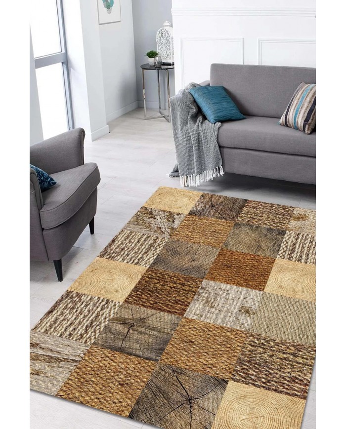 Aditya Desenli Pamuk Tabanlı Yıkanabilen Kaymaz Antibakteriyel Şönil Salon Halısı