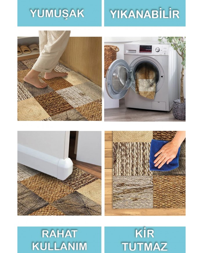 Aditya Desenli Pamuk Tabanlı Yıkanabilen Kaymaz Antibakteriyel Şönil Salon Halısı