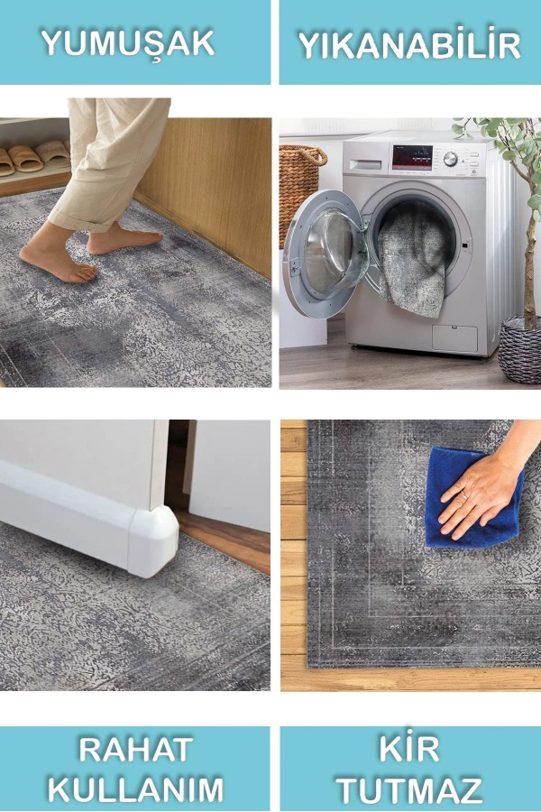 Adnel Desenli Pamuk Tabanlı Yıkanabilen Kaymaz Antibakteriyel Şönil Salon Halısı