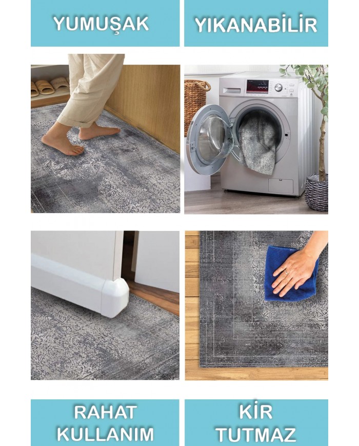 Adnel Desenli Pamuk Tabanlı Yıkanabilen Kaymaz Antibakteriyel Şönil Salon Halısı