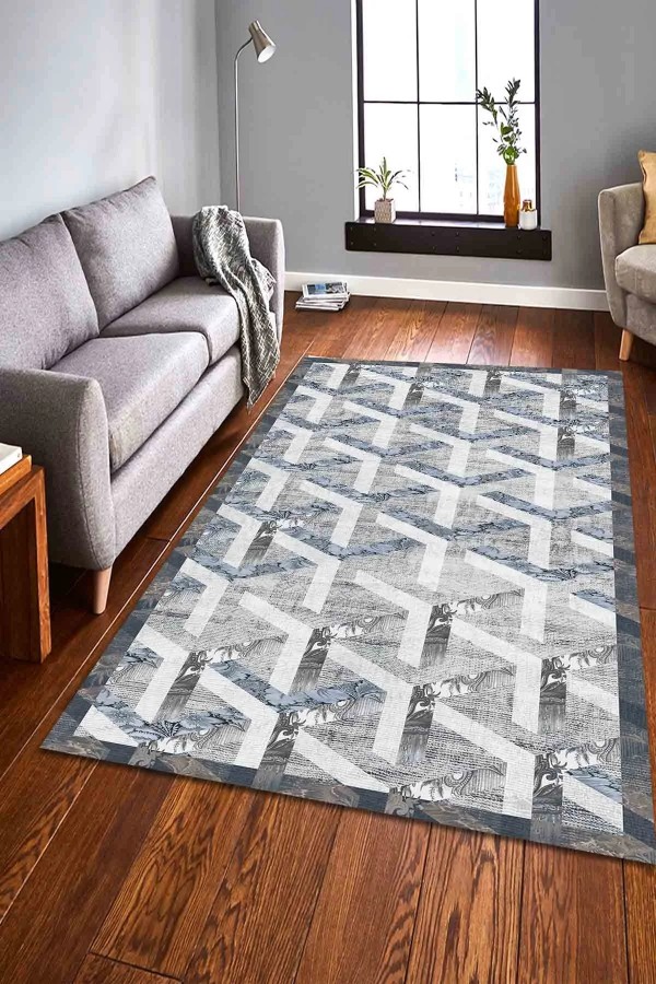 Adrien Desenli Pamuk Tabanlı Yıkanabilen Kaymaz Antibakteriyel Şönil Salon Halısı