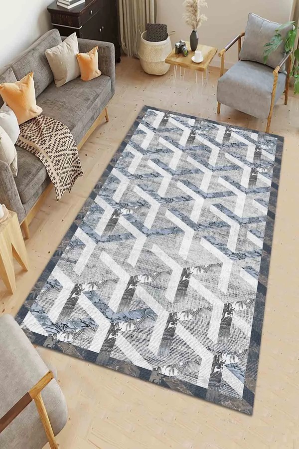 Adrien Desenli Pamuk Tabanlı Yıkanabilen Kaymaz Antibakteriyel Şönil Salon Halısı