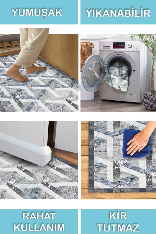 Adrien Desenli Pamuk Tabanlı Yıkanabilen Kaymaz Antibakteriyel Şönil Salon Halısı