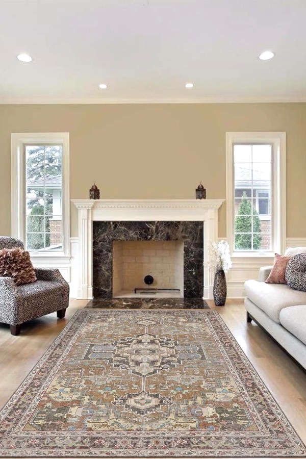 Afara Desenli Pamuk Tabanlı Yıkanabilen Kaymaz Antibakteriyel Şönil Salon Halısı