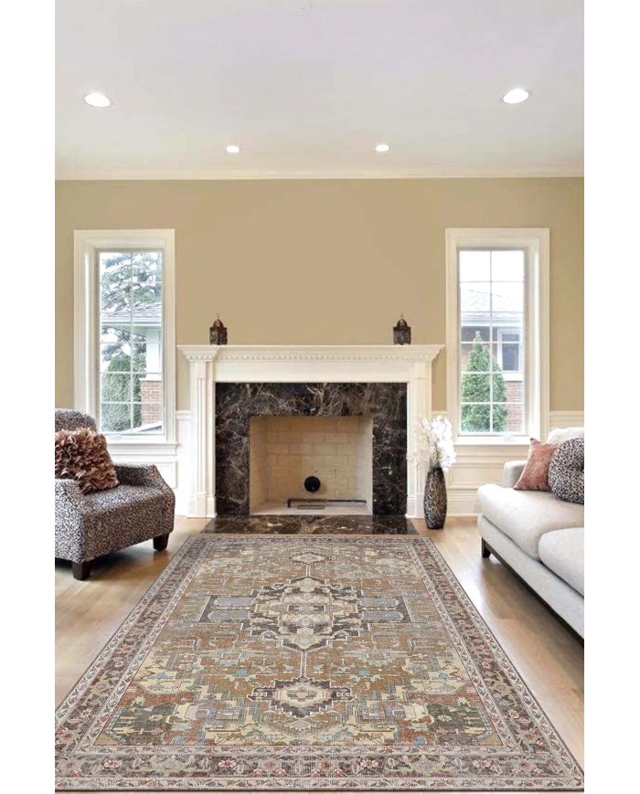 Afara Desenli Pamuk Tabanlı Yıkanabilen Kaymaz Antibakteriyel Şönil Salon Halısı