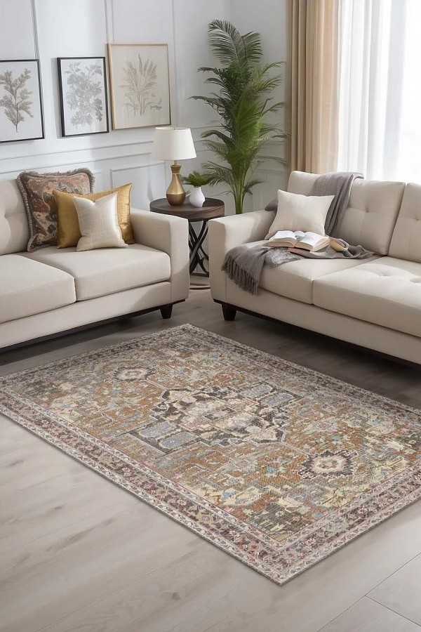 Afara Desenli Pamuk Tabanlı Yıkanabilen Kaymaz Antibakteriyel Şönil Salon Halısı