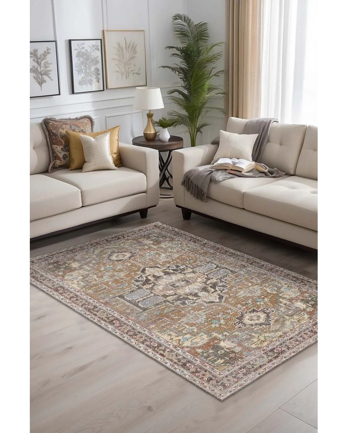 Afara Desenli Pamuk Tabanlı Yıkanabilen Kaymaz Antibakteriyel Şönil Salon Halısı