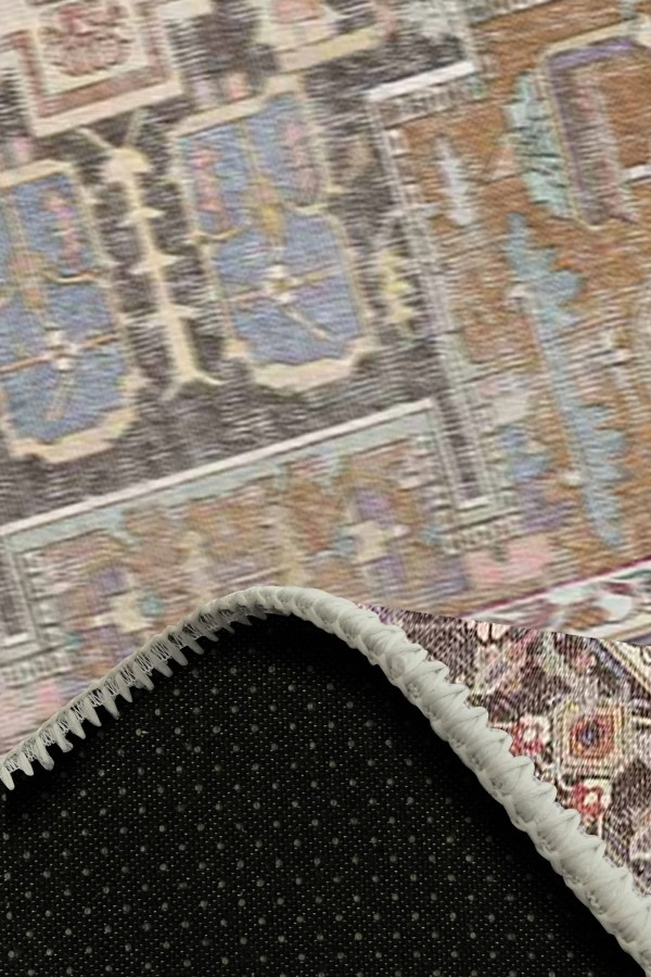 Afara Desenli Pamuk Tabanlı Yıkanabilen Kaymaz Antibakteriyel Şönil Salon Halısı