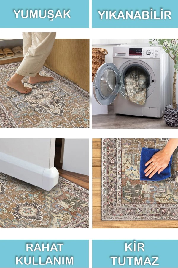 Afara Desenli Pamuk Tabanlı Yıkanabilen Kaymaz Antibakteriyel Şönil Salon Halısı